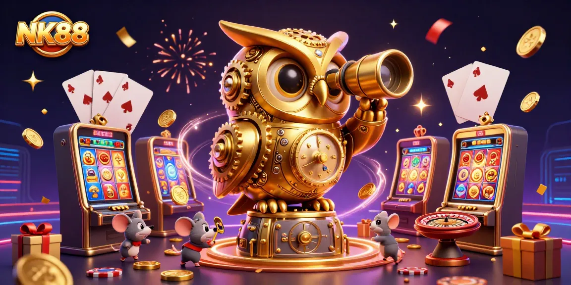 Experience NK88’s vibrant casino world with a clockwork owl and bustling mouse patrons.
