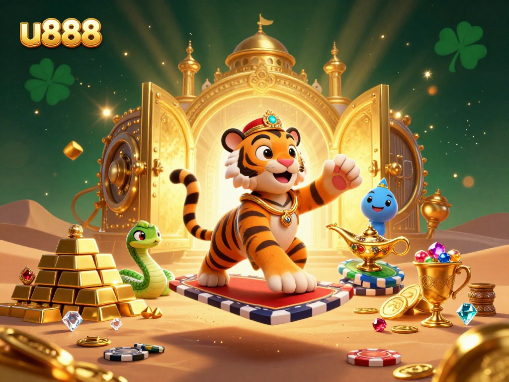 Experience thrilling magic at u888 with an Arabian Nights tiger sultan on a flying carpet amidst treasure.
