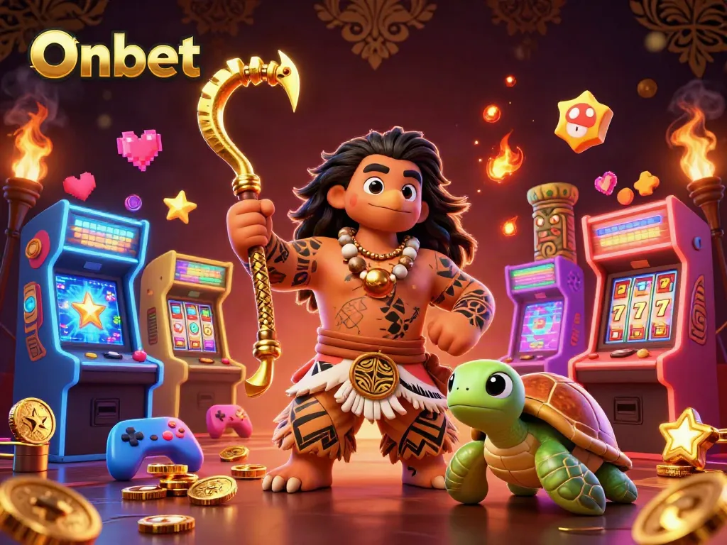 Engage with Onbet's vibrant casino adventure featuring tribal-themed characters and gaming elements.