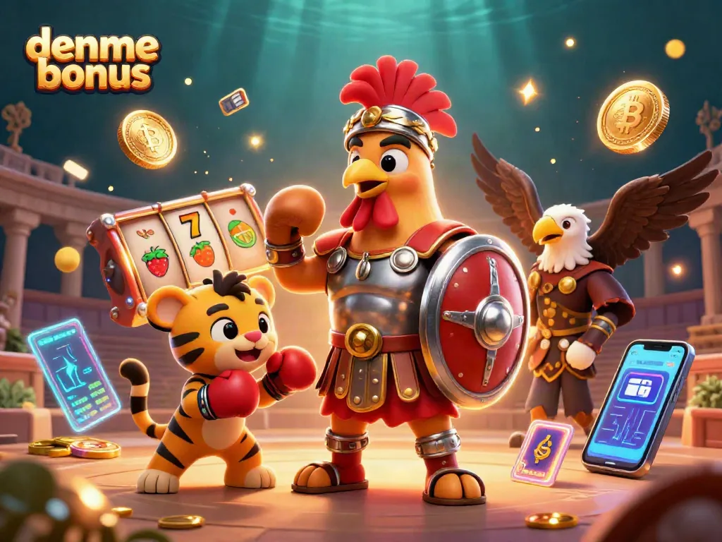Experience thrilling action with deneme bonus at a vibrant casino featuring a gladiator rooster and exciting game elements.