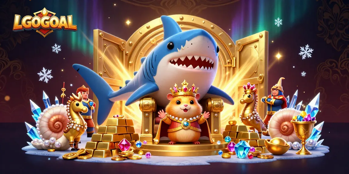 Experience LGOGOAL's thrilling gaming with a golden hamster king and treasure in a vibrant casino scene.