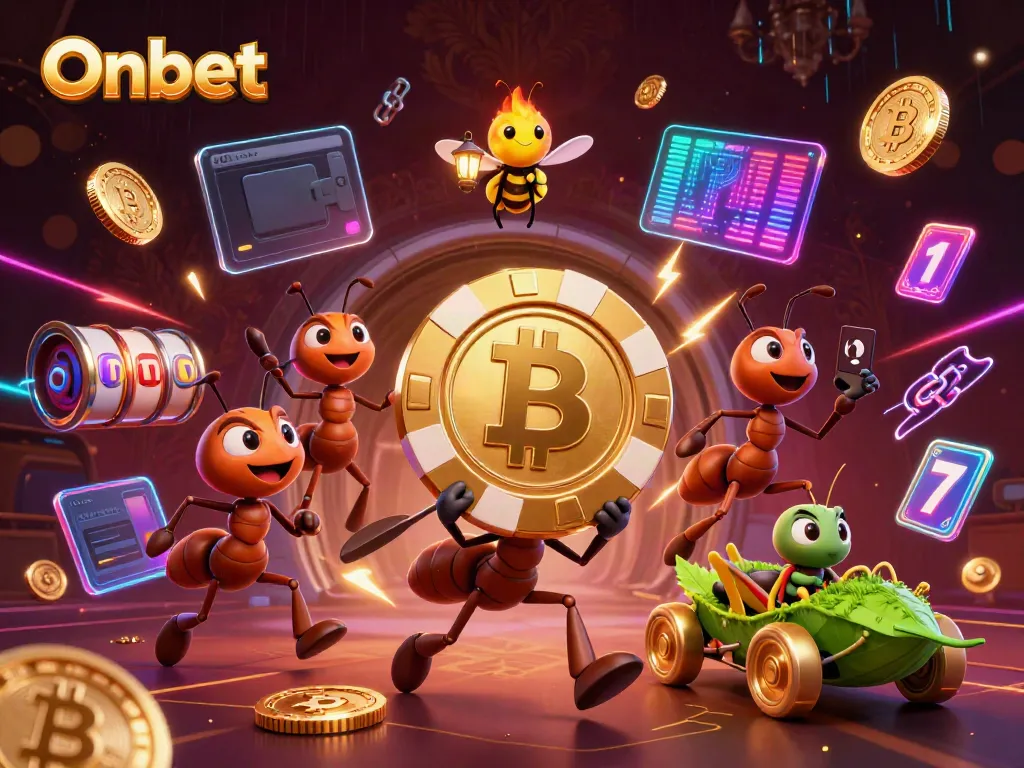Join Onbet's adventure with cartoon ants, crypto coins, and vibrant casino elements.