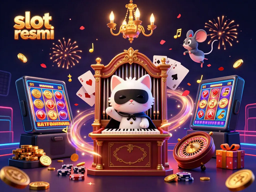 Engage in thrilling gameplay at slot resmi with a lively casino scene featuring a white cat at an organ.