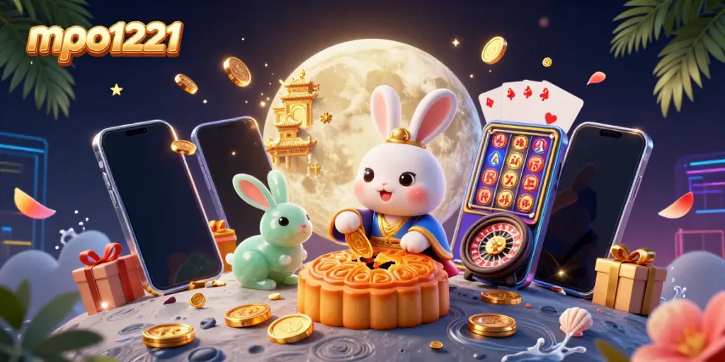 Experience mpo1221 with a playful moon rabbit revealing poker chips in a vibrant casino-themed scene.