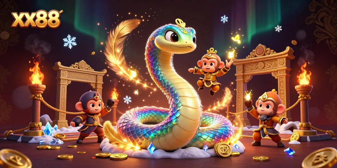 Experience the thrill of gaming at xx88 with a vibrant illustration of a rainbow serpent and monkey king in a rich casino setting.