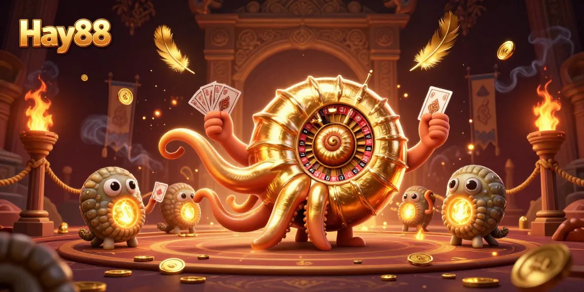Experience thrilling gameplay at Hay88 with an ancient giant nautilus holding cards amidst exciting casino elements.