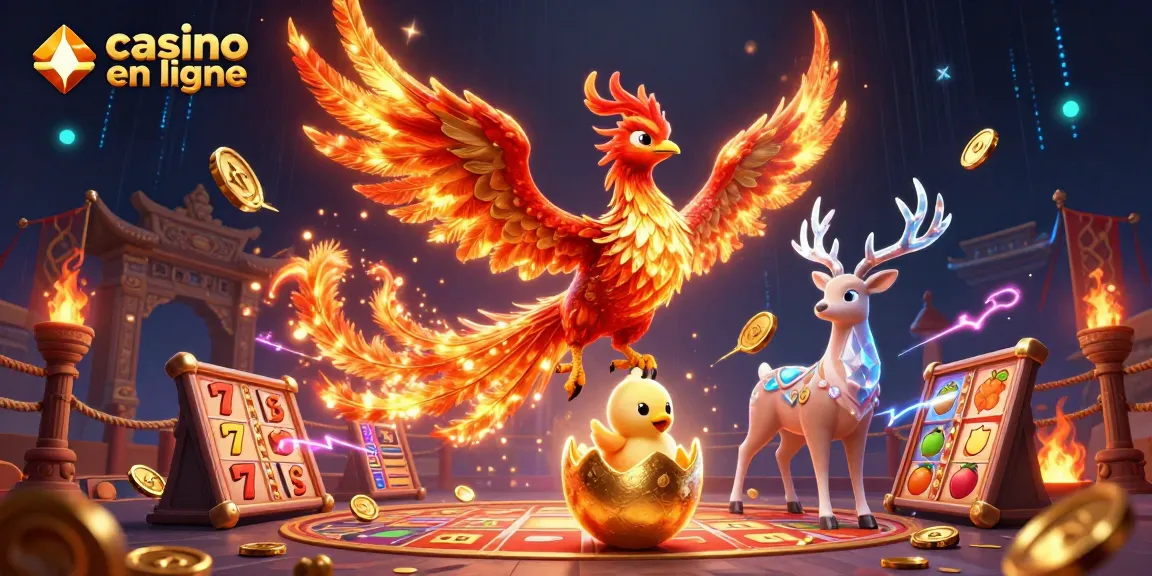 Profitez d'une expérience de jeu captivante avec le casino en ligne, illustrée par un phénix flamboyant et des éléments de jeu.